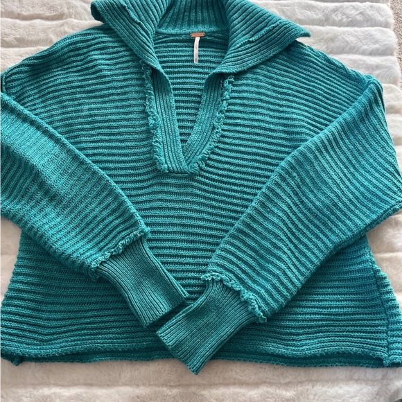 Free People Marlie Pullover V Neck Ribbed Knit Sweater Blue Green Oversized S - Picture 5 of 10